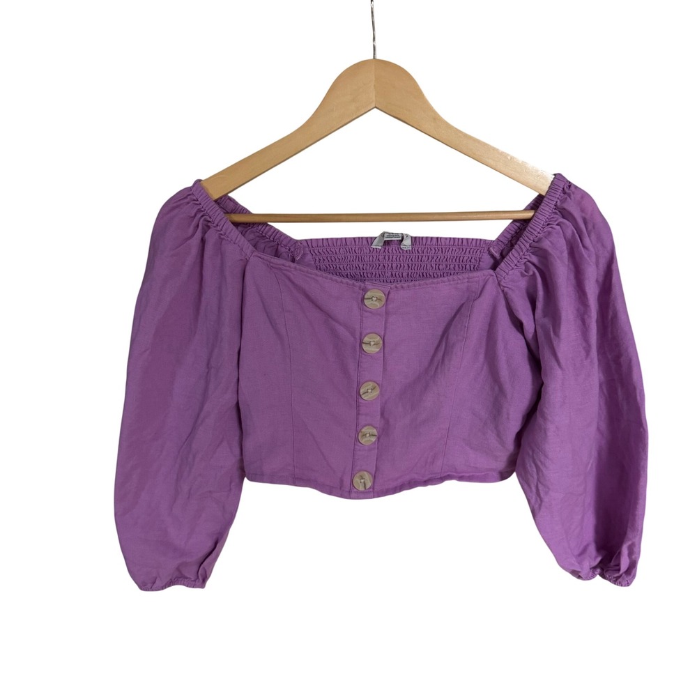 American Eagle Purple Button Down Smocked Puff Sleeve Crop Top Blouse Small